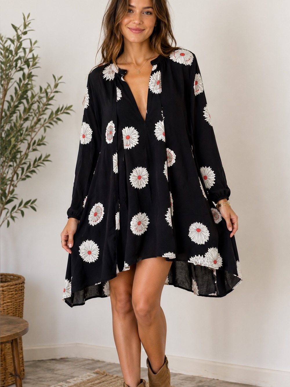 Free People Black Daisy Floral Tunic Dress